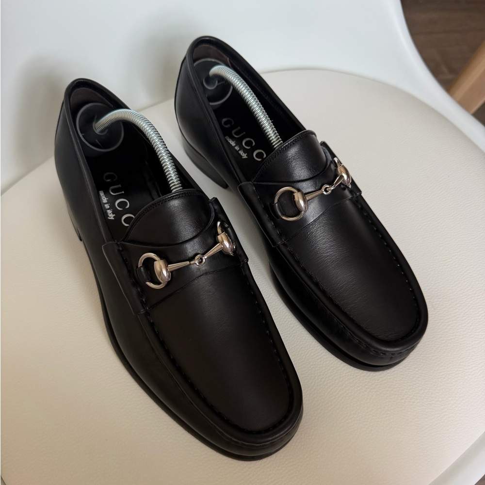 Authentic GUCCI Horsebit Loafers Black Leather Silver Hardware Men’s 7 D Italy